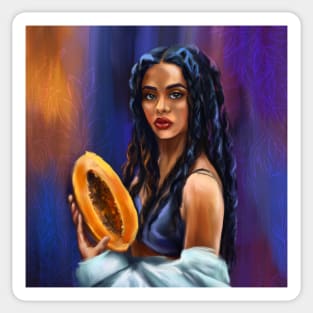 African woman portrait with papaya. Tropical digital oil art Sticker